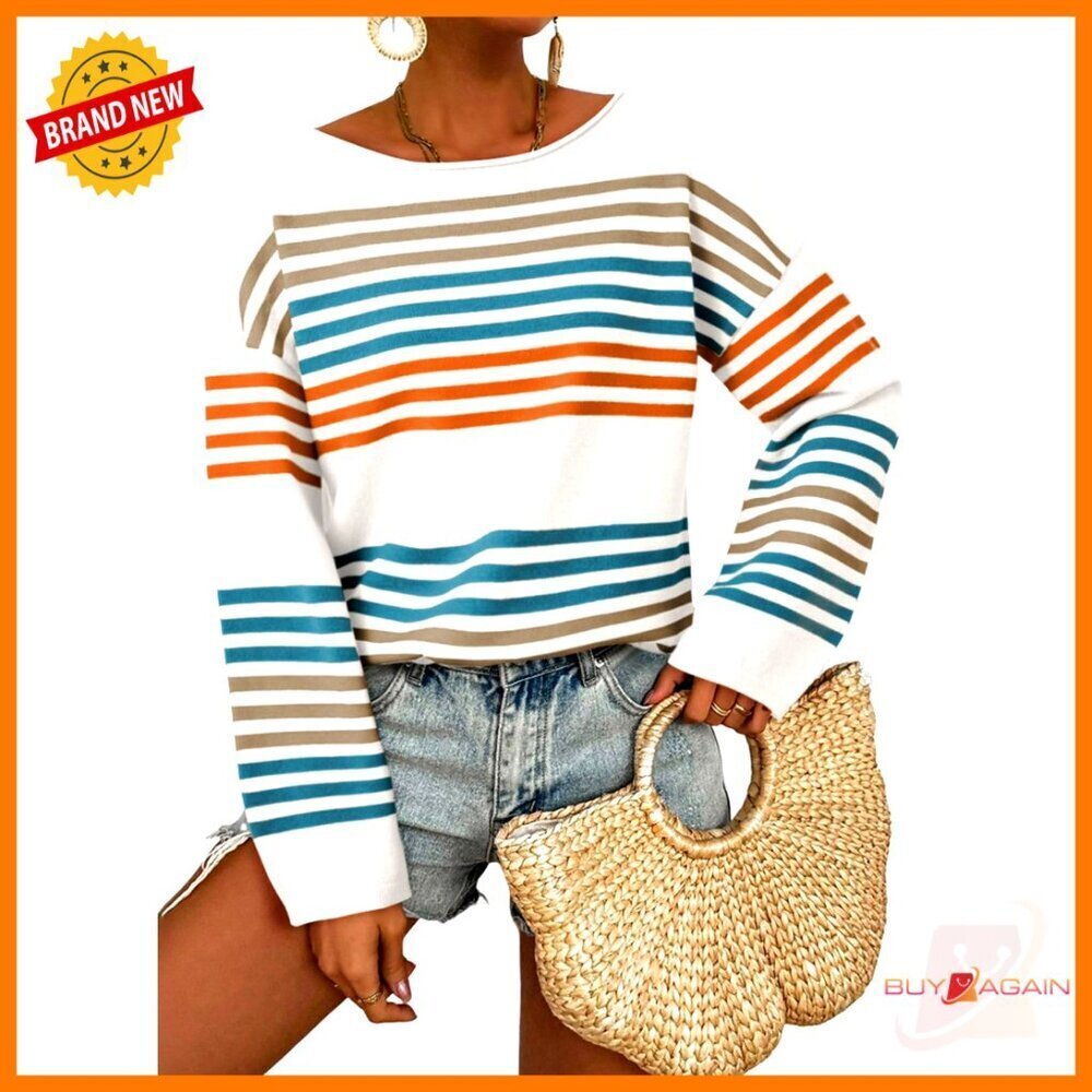 Striped Oversized Knit Pullover Sweater Loose Fit Casual Chic Fall Winter